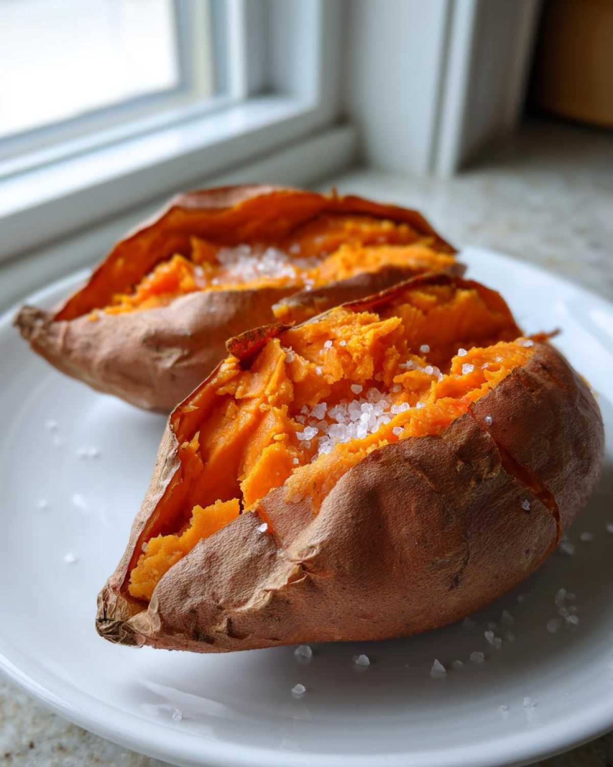 Two halves of fluffy baked sweet potatoes topped generously with flaky sea salt on a white plate.