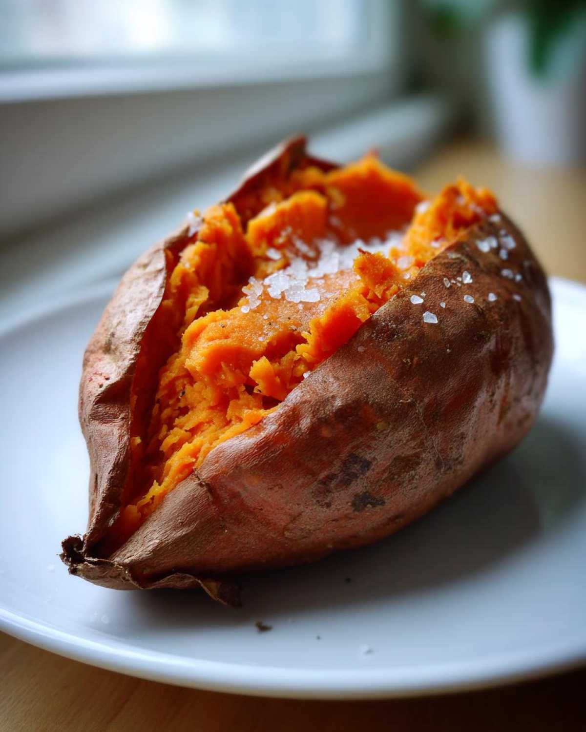A close-up of a perfectly baked sweet potatoes, split open and topped with coarse sea salt crystals.