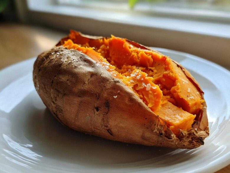 A close-up of a fluffy baked sweet potatoes, split open and sprinkled with coarse sea salt, resting on a white plate.