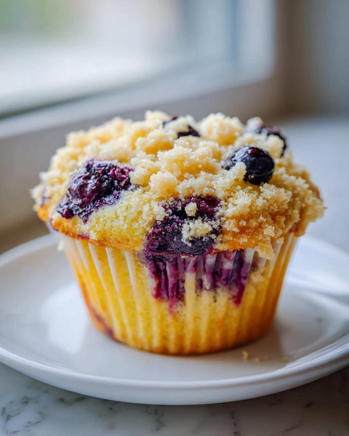 A close-up of a single, golden blueberry muffin topped with a generous layer of streusel crumb topping.