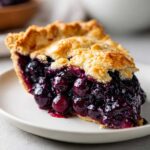 Close-up of a juicy slice from an amazing blueberry pie recipe with a flaky, golden crust.