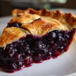 Close-up of a thick slice of amazing blueberry pie recipe showing juicy filling and golden crust.