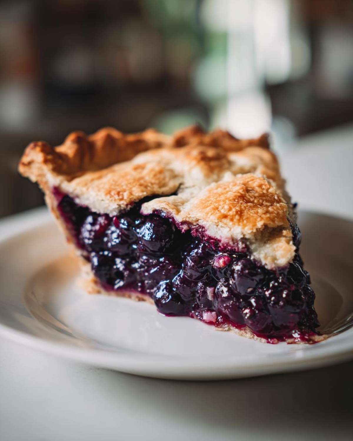 Close-up of a thick slice of amazing blueberry pie recipe with a golden crust and juicy filling.