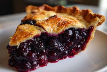 Close-up of a thick slice of amazing blueberry pie recipe showing juicy filling and golden crust.