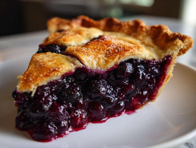 Close-up of a thick slice of amazing blueberry pie recipe showing juicy filling and golden crust.