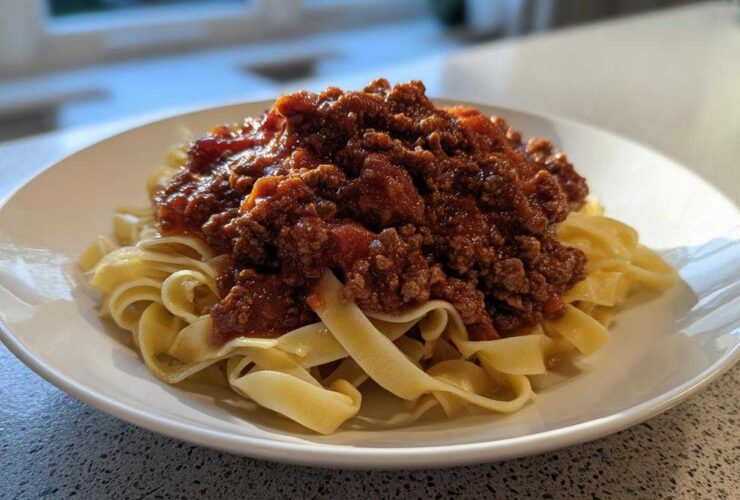 A close-up of rich, meaty bolognese sauce generously spooned over a bed of fresh tagliatelle pasta on a white plate.