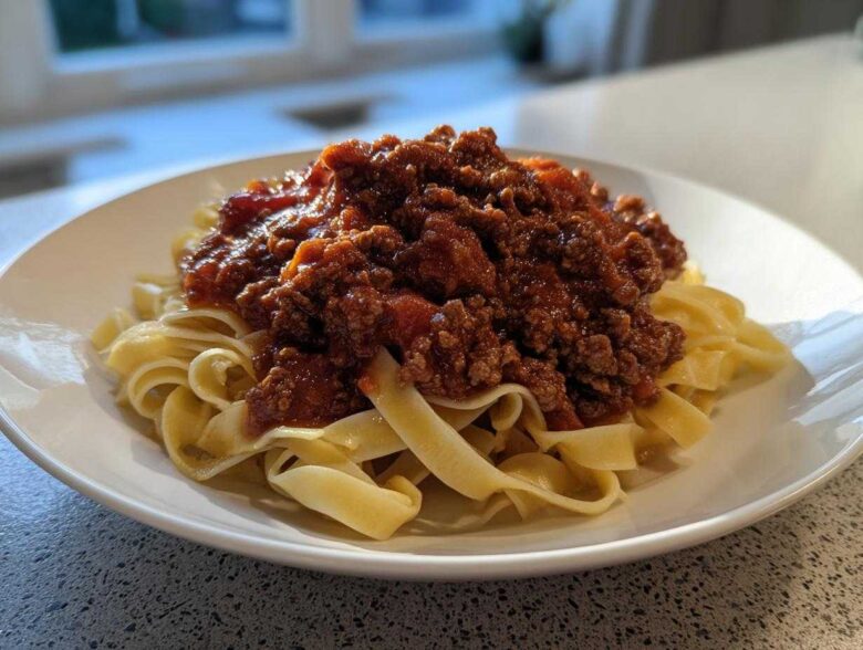 A close-up of rich, meaty bolognese sauce generously spooned over a bed of fresh tagliatelle pasta on a white plate.