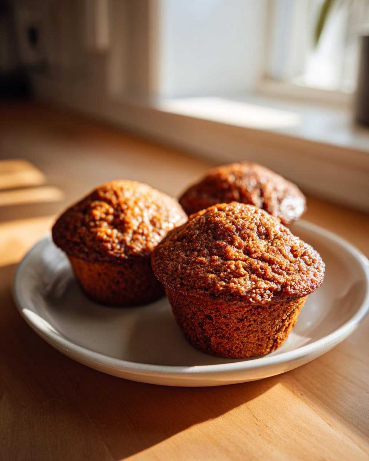 Three golden-brown bran muffins resting on a light plate, illuminated by bright sunlight.