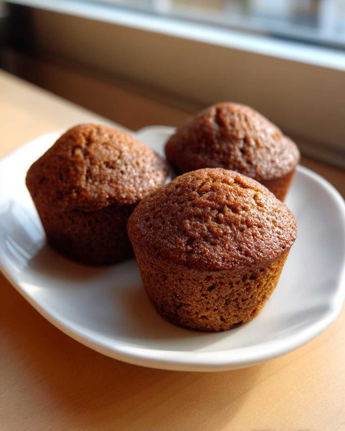 Three golden-brown bran muffins displayed closely on a white plate near a window.