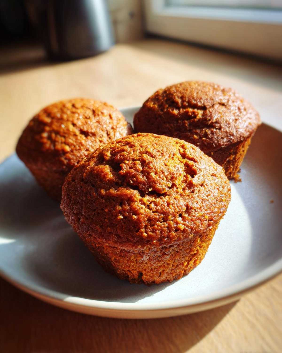 Close-up of three golden brown bran muffins sitting on a light blue plate in bright sunlight.