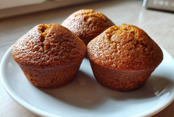 Three golden-brown, freshly baked bran muffins sitting closely together on a white plate.