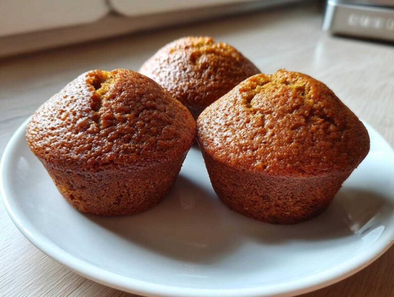 Three golden-brown, freshly baked bran muffins sitting closely together on a white plate.