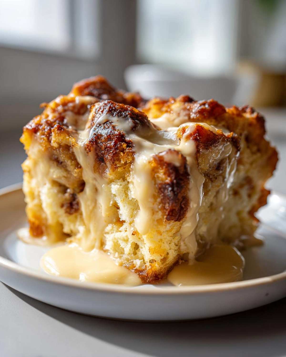 Close-up of a moist slice of bread pudding topped with rich vanilla sauce dripping down the sides.