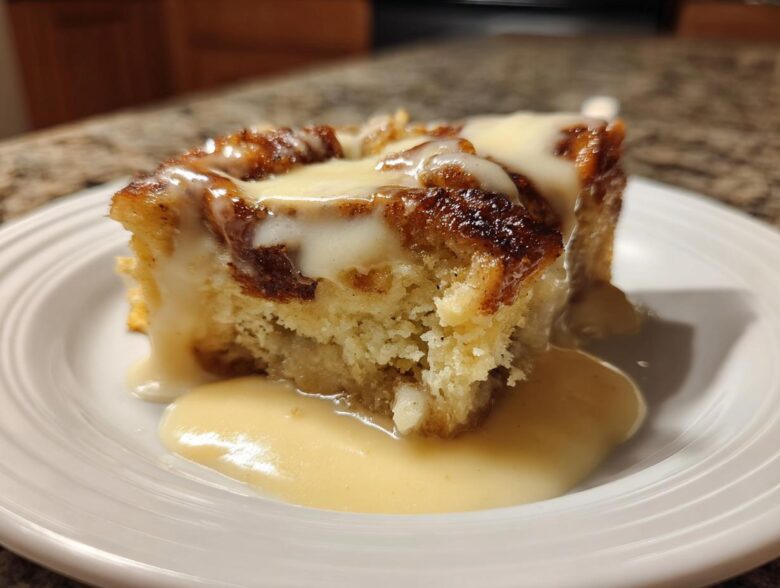 A close-up of a moist slice of bread pudding topped with thick vanilla sauce.