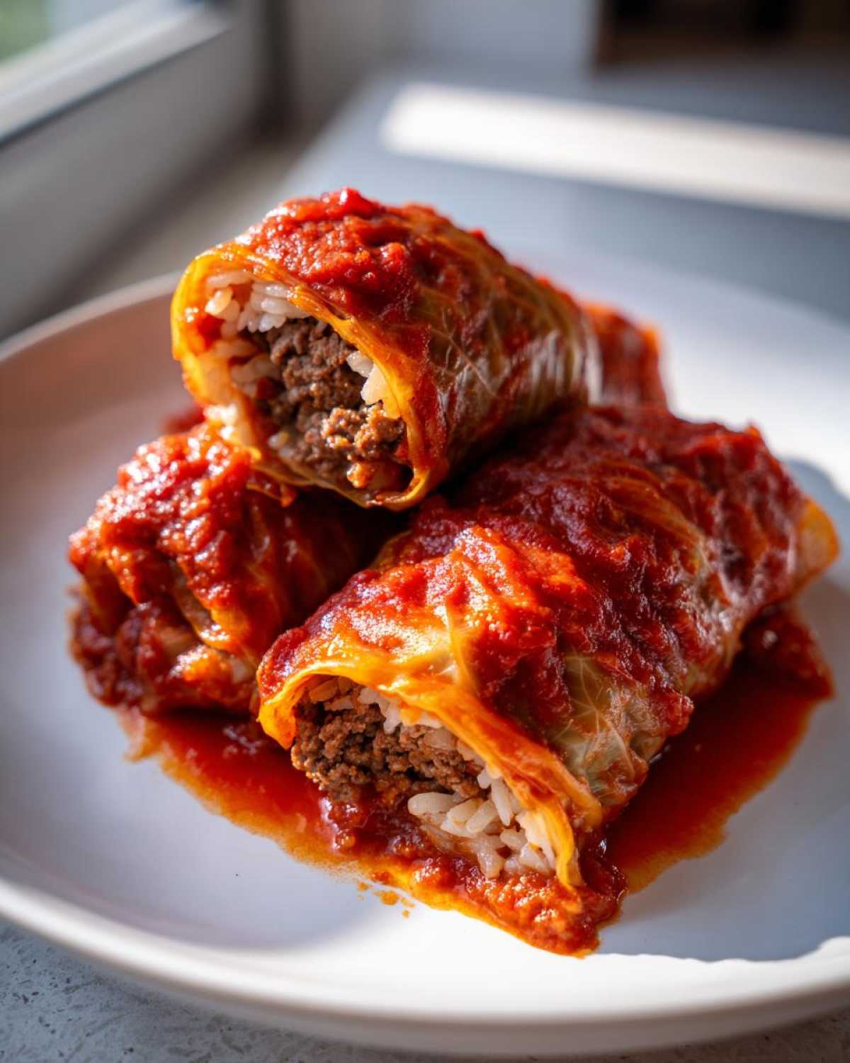 Three homemade cabbage rolls stuffed with ground meat and rice, covered in a rich tomato sauce.