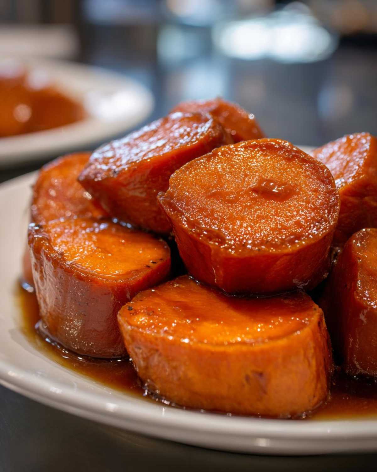 Close-up of thick-cut, glossy candied yams soaking in a rich brown syrup on a white plate.