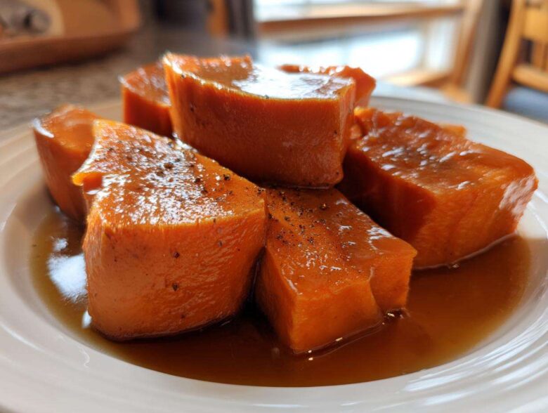 Close-up of thick-cut, glazed candied yams sitting in rich brown syrup on a white plate.
