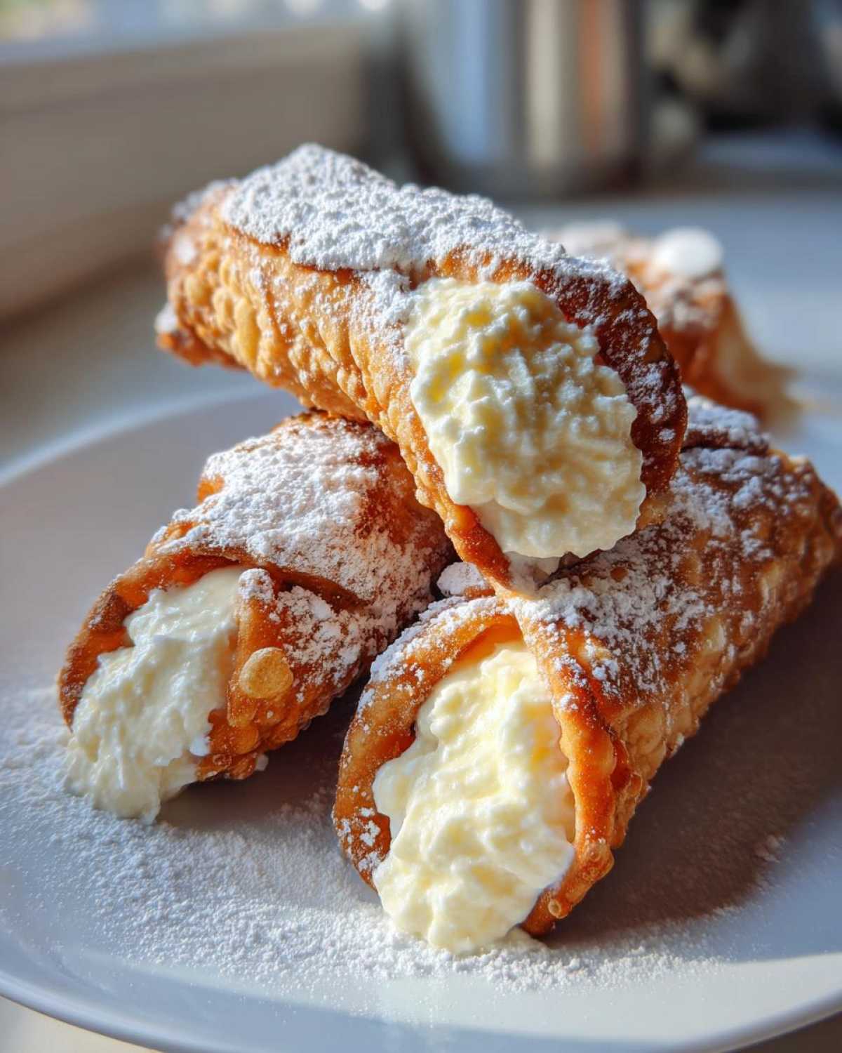 Three golden, crispy cannoli shells filled with sweet ricotta cream and dusted heavily with powdered sugar.