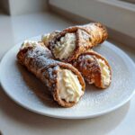 Three golden-brown cannoli shells filled with creamy ricotta and dusted with powdered sugar, ready for serving in this cannoli recipe.