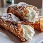 Close-up of three freshly made cannoli, filled with sweet cream and dusted generously with powdered sugar.