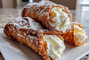 Close-up of three freshly made cannoli, filled with sweet cream and dusted generously with powdered sugar.
