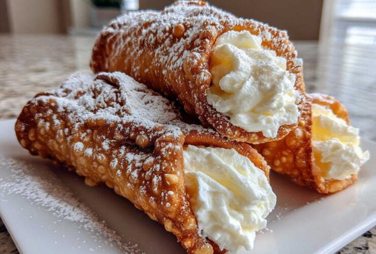 Close-up of three freshly made cannoli, filled with sweet cream and dusted generously with powdered sugar.