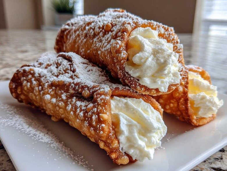 Close-up of three freshly made cannoli, filled with sweet cream and dusted generously with powdered sugar.