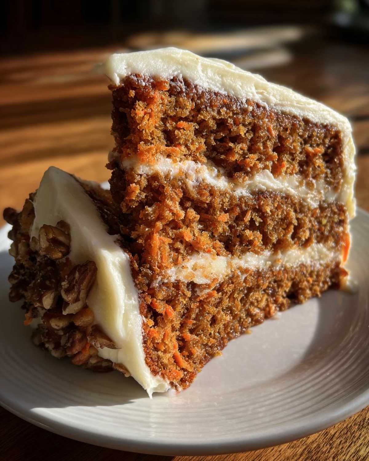 Two slices of moist carrot cake recipe stacked, featuring cream cheese frosting and pecan edges.