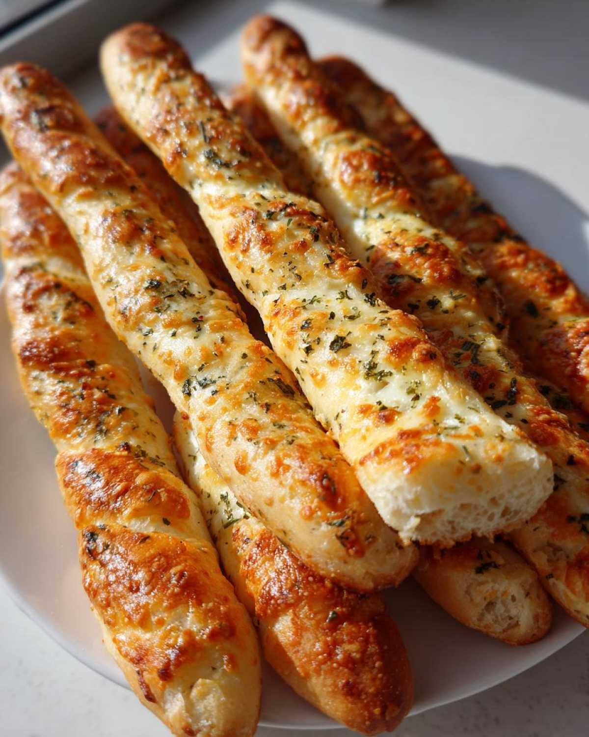 A close-up of several golden brown, cheesy breadsticks topped with green herbs, piled on a white plate.