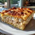 A generous slice of chicken alfredo lasagna showing layers of shredded chicken and creamy sauce, topped with browned cheese.