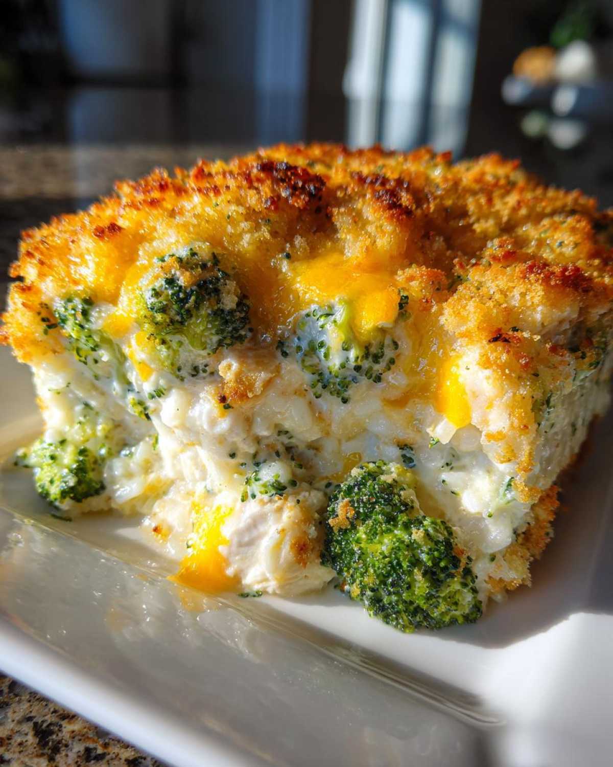 A close-up serving of creamy chicken broccoli rice casserole with a golden, cheesy, crispy topping.