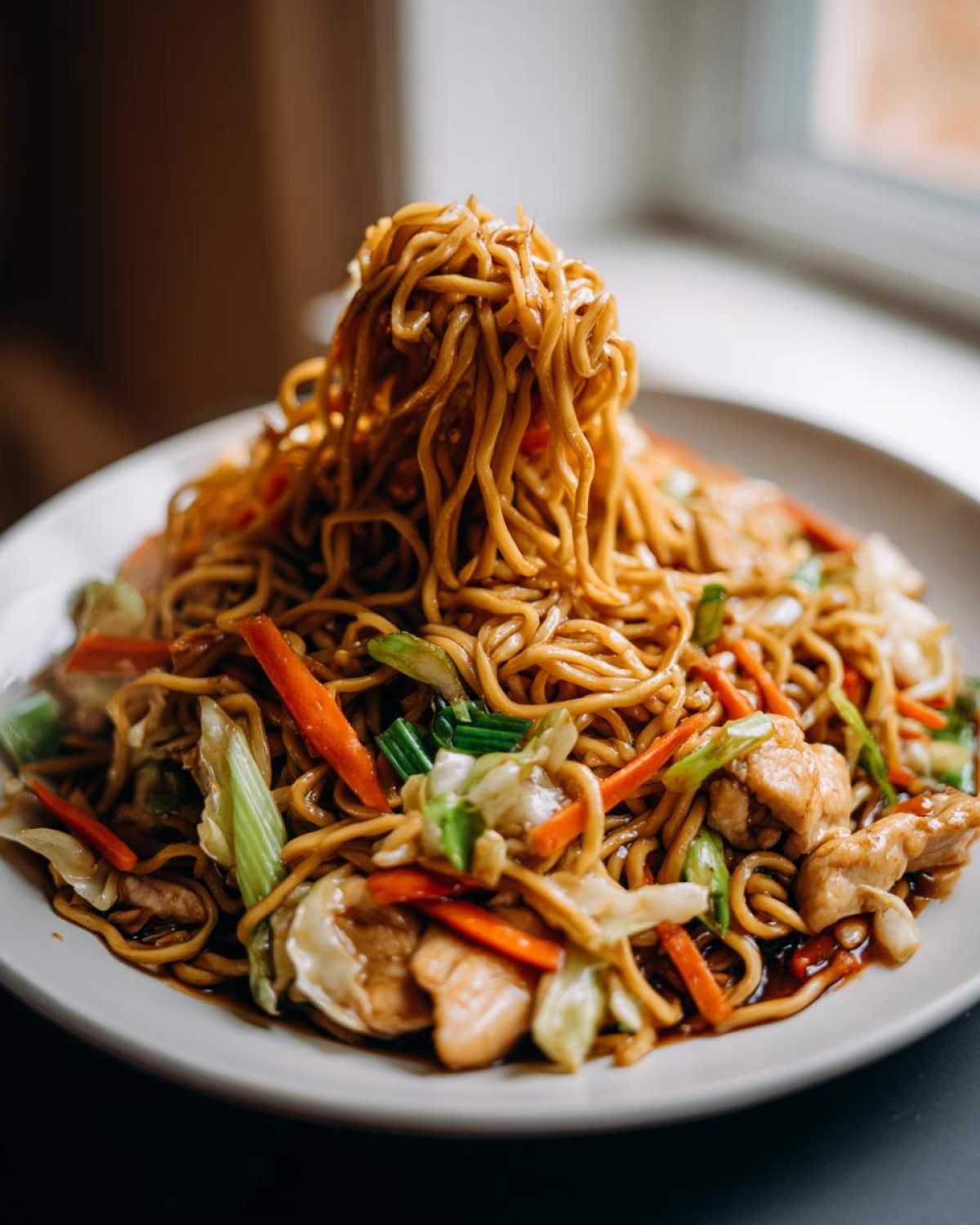 A heaping portion of chicken chow mein recipe being lifted with chopsticks, showing noodles, chicken pieces, carrots, and cabbage.
