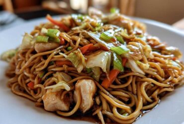 A close-up of a plate piled high with glossy noodles, chicken pieces, cabbage, and carrots from the amazing chicken chow mein recipe.