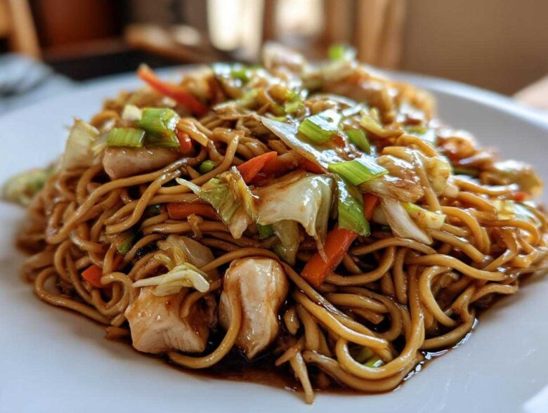 A close-up of a plate piled high with glossy noodles, chicken pieces, cabbage, and carrots from the amazing chicken chow mein recipe.