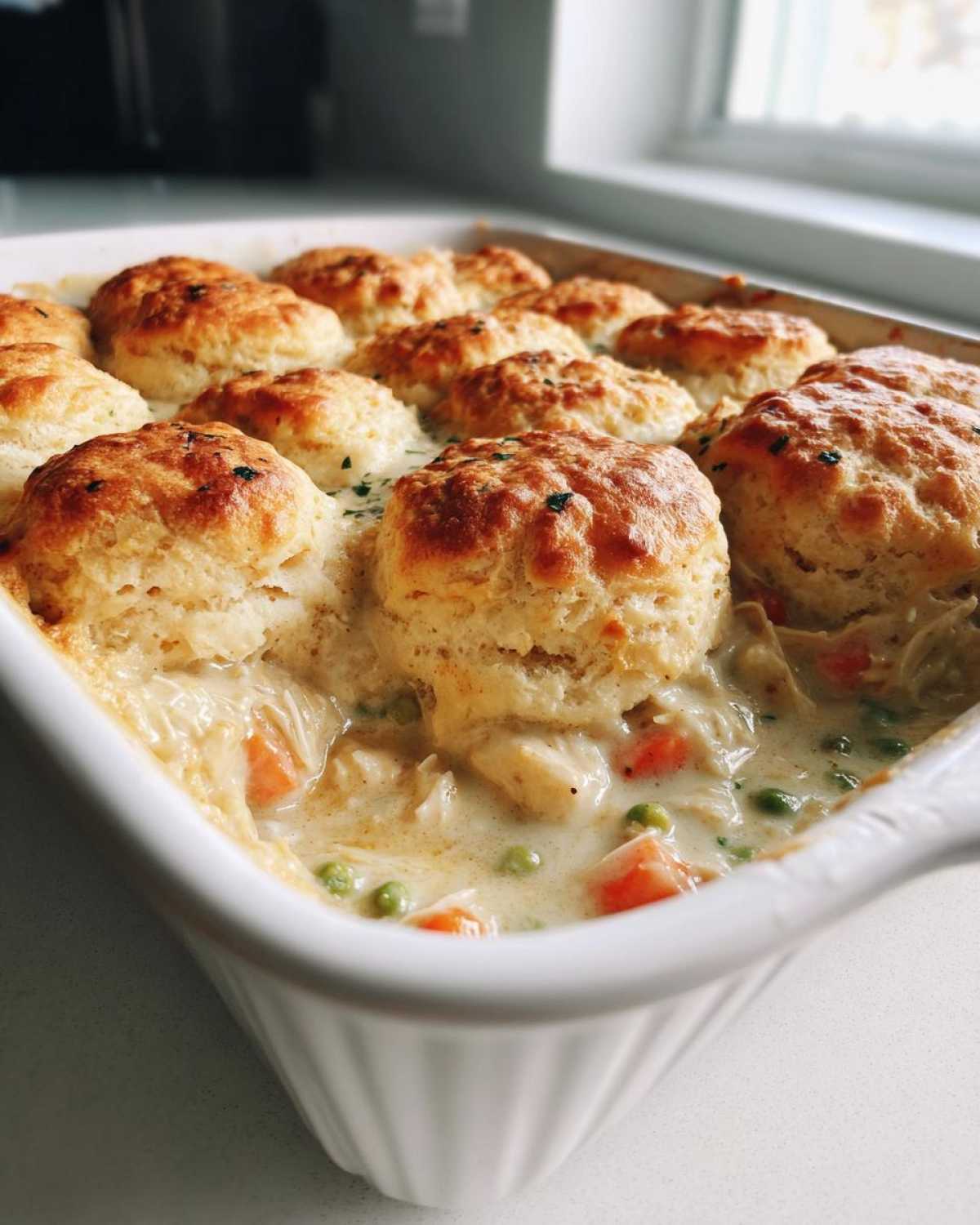 Close-up of a white baking dish filled with creamy chicken pot pie casserole topped with golden, fluffy biscuits.