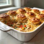 Close-up of amazing chicken pot pie casserole topped with golden, flaky biscuits in a white baking dish.