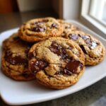 A stack of freshly baked, gooey chocolate chip cookies sprinkled with flaky sea salt on a white plate.