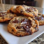 A stack of freshly baked chocolate chip cookies topped with flaky sea salt on a white plate.