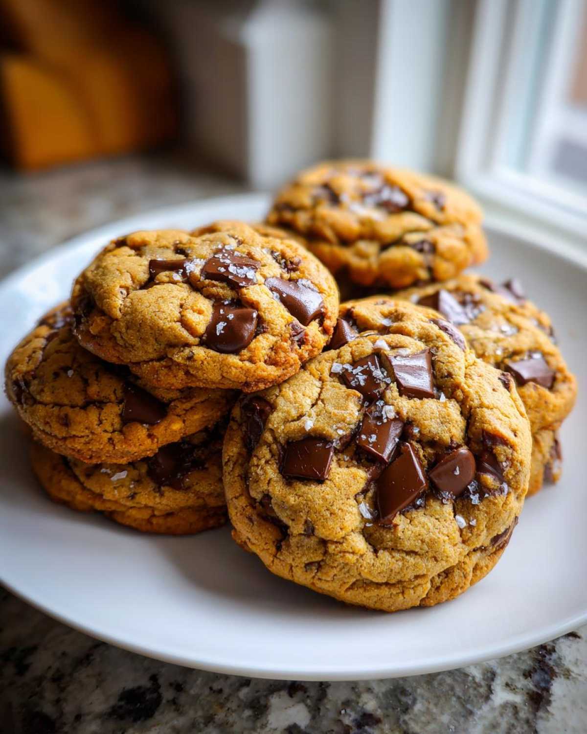 A stack of freshly baked chocolate chip cookies topped with melted chocolate chunks and flaky sea salt.