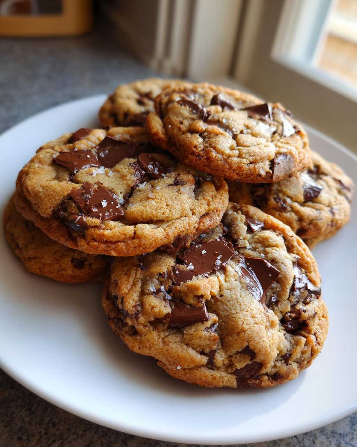 A stack of freshly baked chocolate chip cookies sprinkled with flaky sea salt on a white plate.