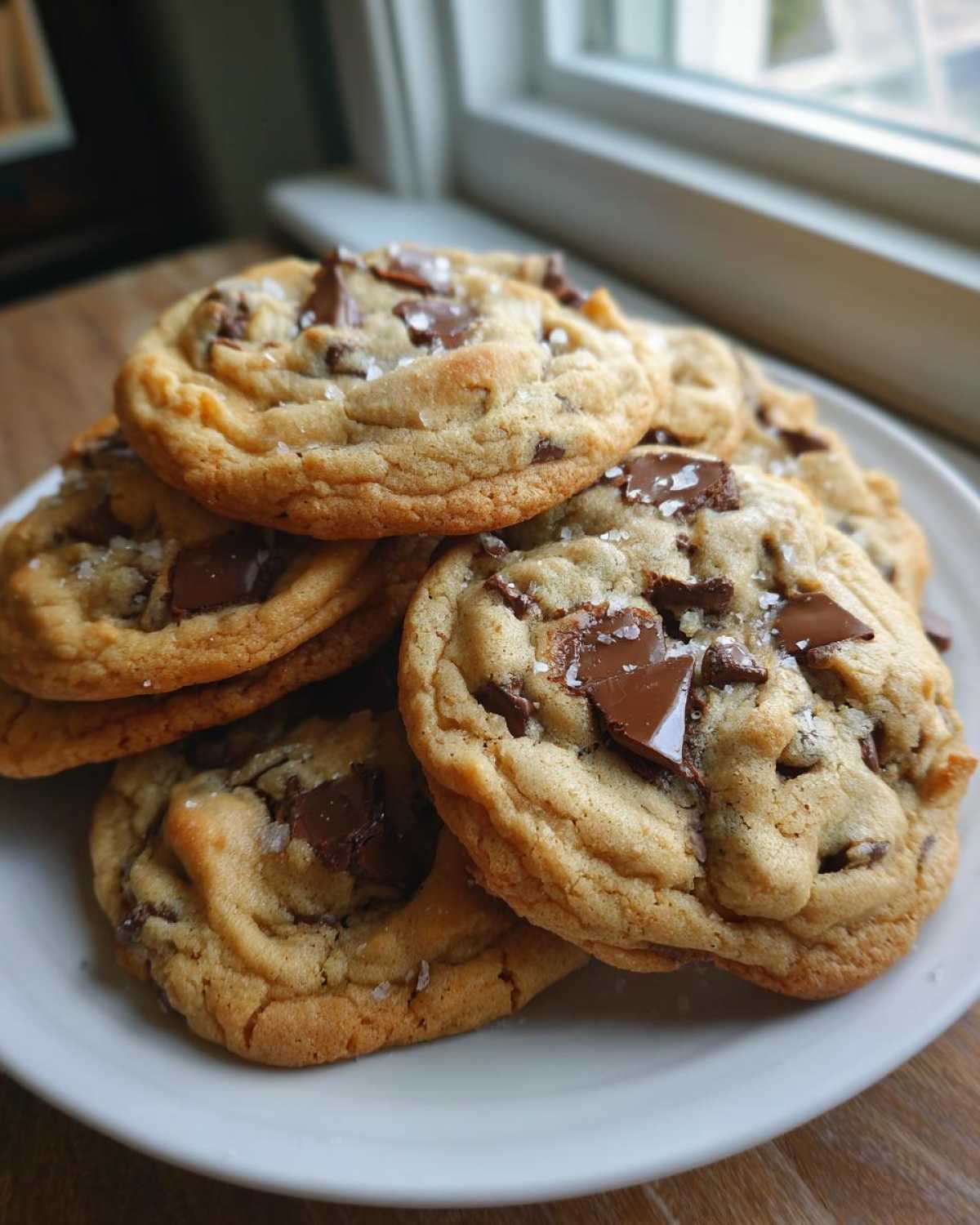 A stack of freshly baked chocolate chip cookies topped with flaky sea salt, sitting on a white plate near a window.