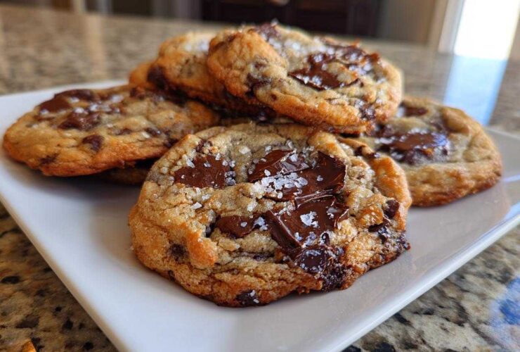 A stack of freshly baked chocolate chip cookies topped with flaky sea salt on a white plate.