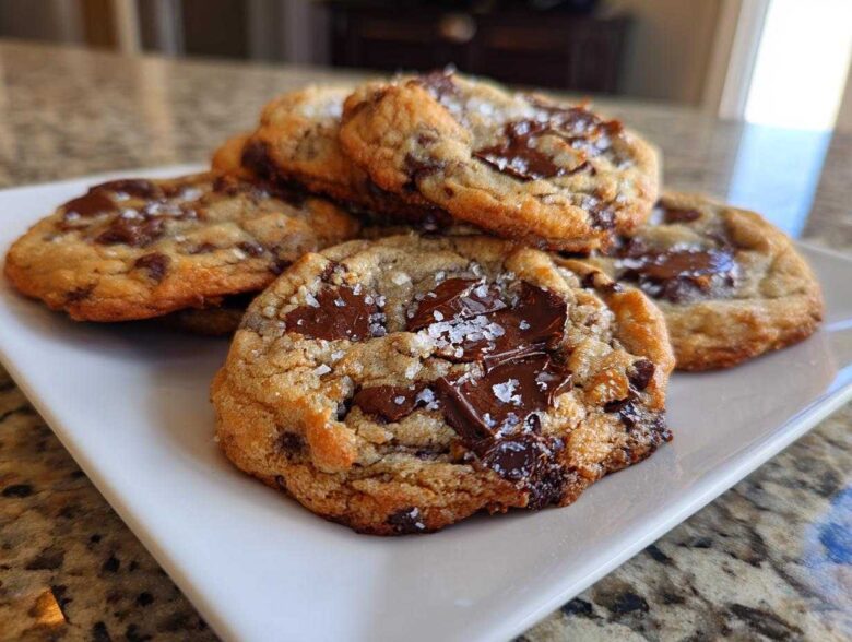 A stack of freshly baked chocolate chip cookies topped with flaky sea salt on a white plate.