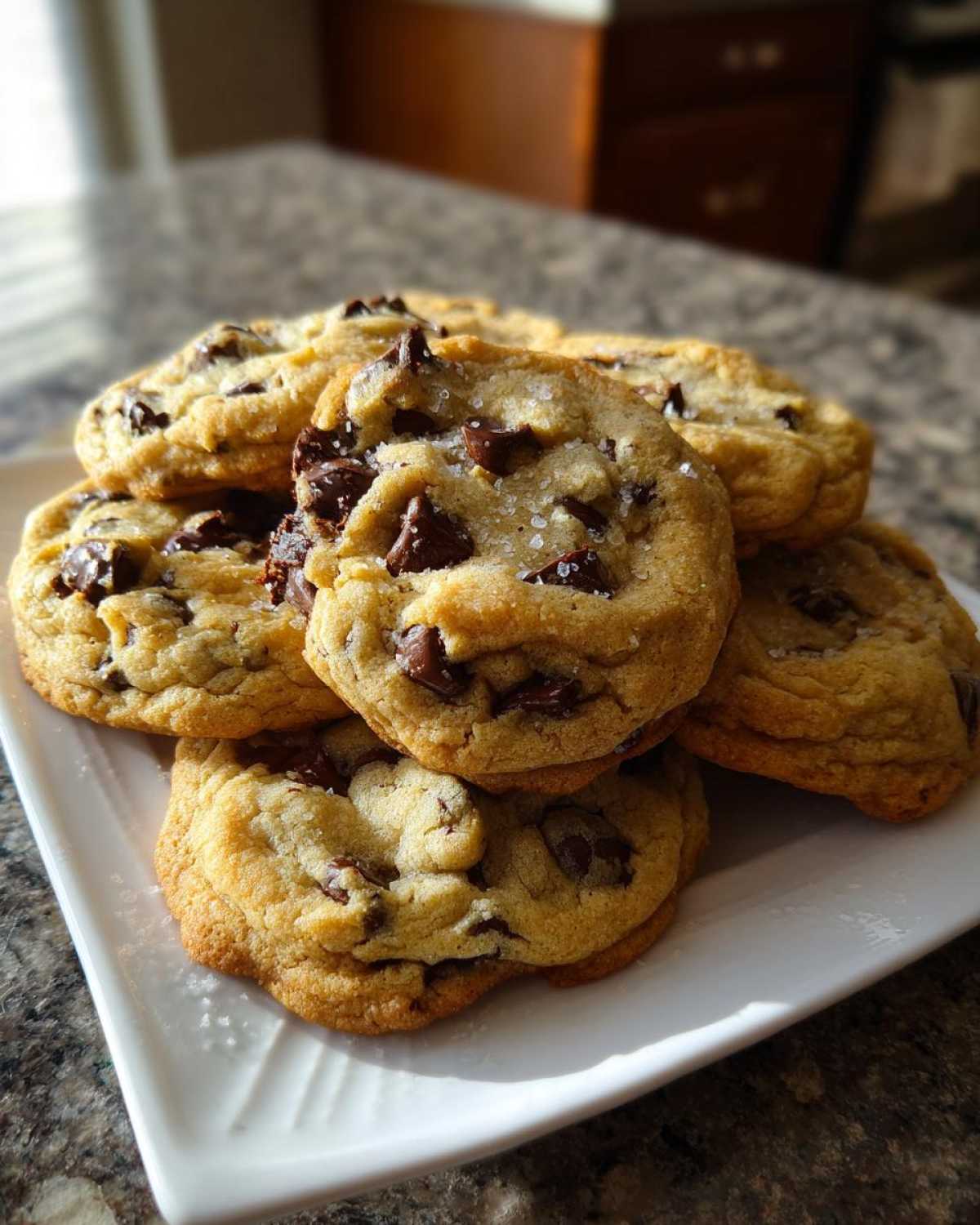 A stack of freshly baked chocolate chip cookies sprinkled with sea salt on a white rectangular plate.