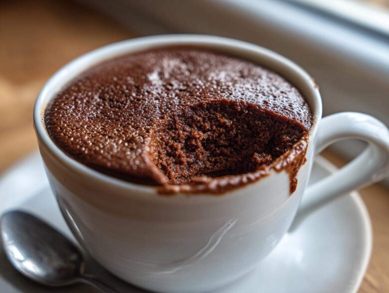 Close-up of rich, dark chocolate mousse with a spoonful taken out, served in a white mug.