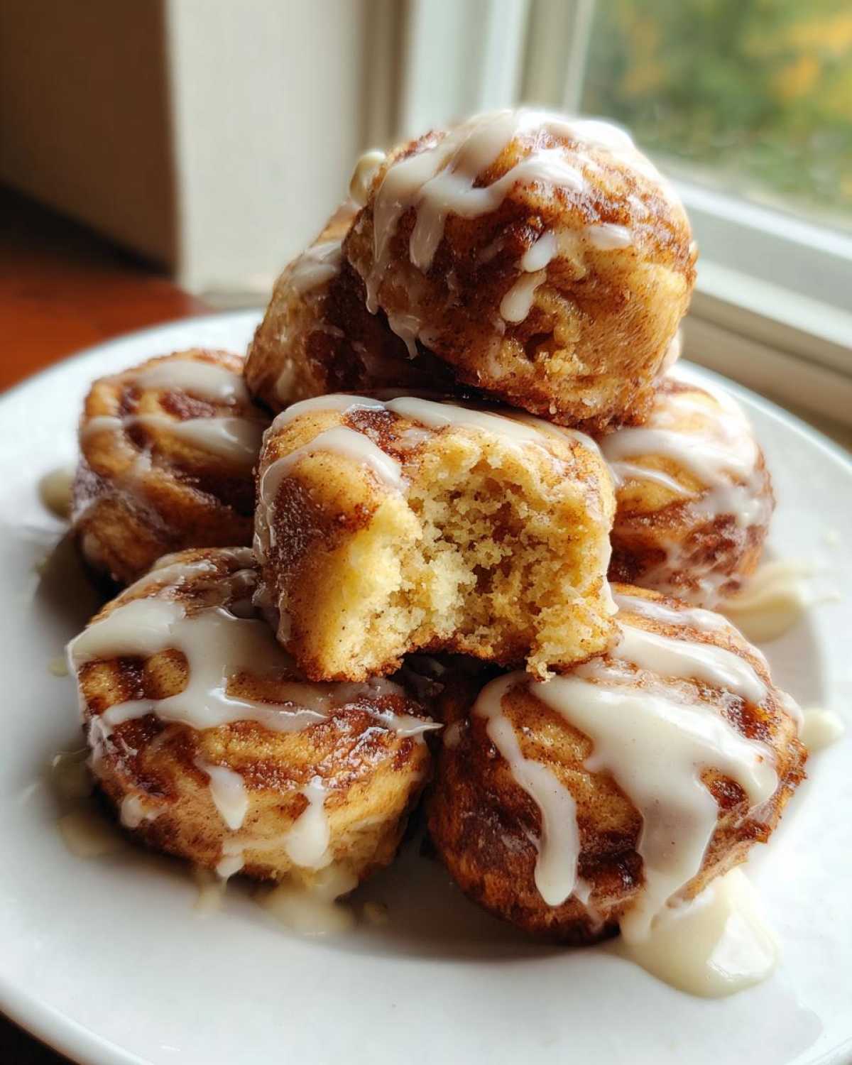 A stack of freshly baked cinnamon roll bites drizzled with white icing, with one bite broken open showing the soft interior.