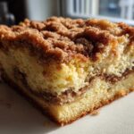 Close-up of a thick slice of moist coffee cake featuring a rich cinnamon swirl and a generous, crumbly streusel topping.