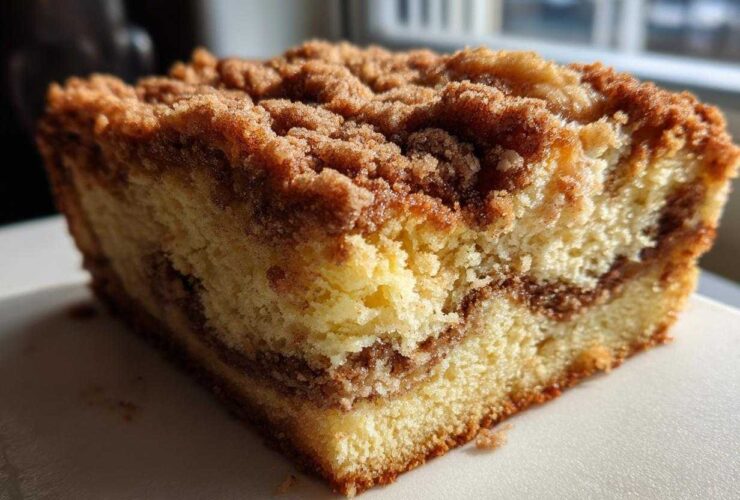 Close-up of a thick slice of moist coffee cake featuring a rich cinnamon swirl and a generous, crumbly streusel topping.