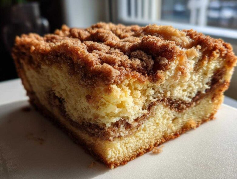 Close-up of a thick slice of moist coffee cake featuring a rich cinnamon swirl and a generous, crumbly streusel topping.