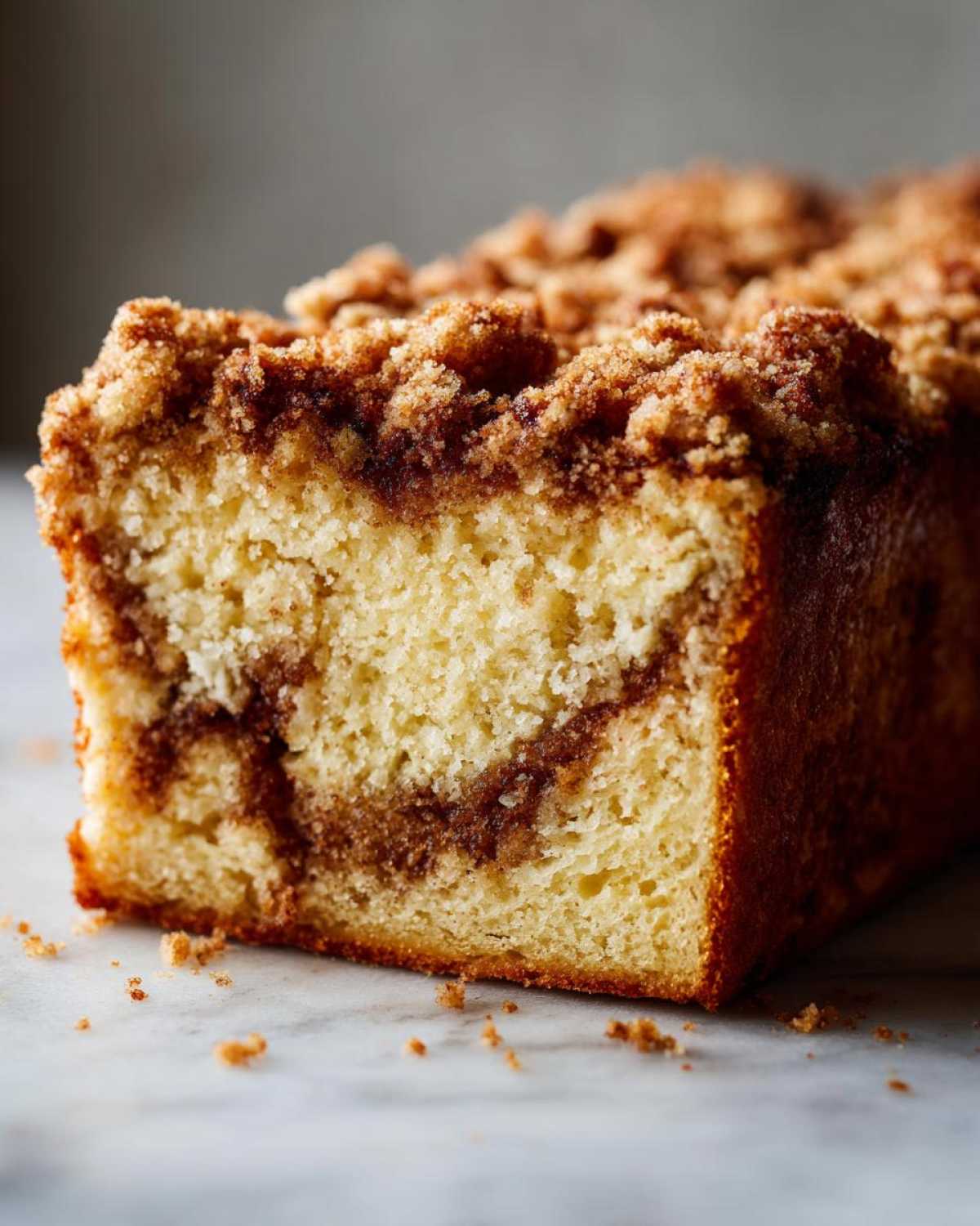 Cross-section of a moist coffee cake showing a rich cinnamon swirl and thick, crumbly streusel topping.
